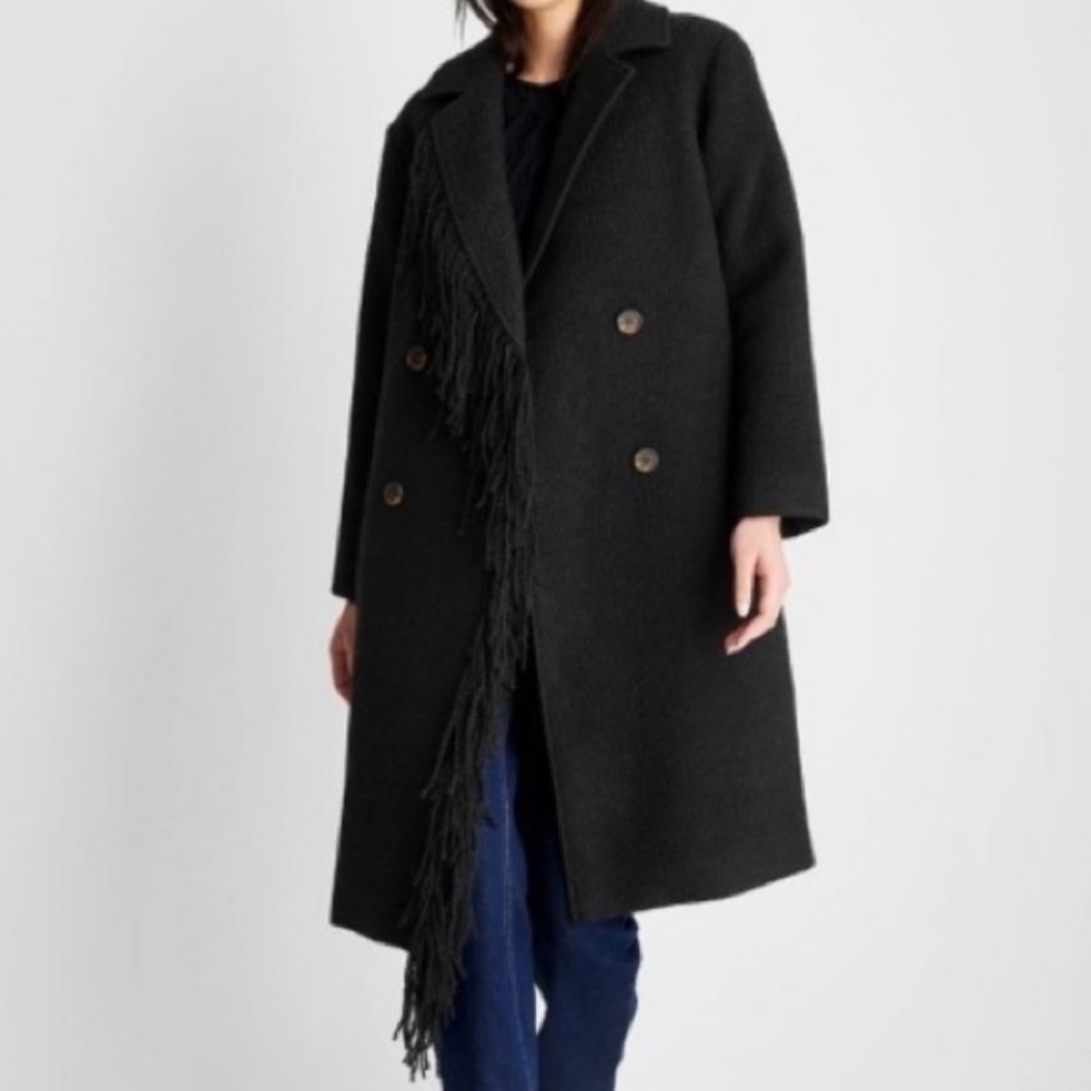 Women’s Black Notched Lapel Double Breasted Fringe Long Coat